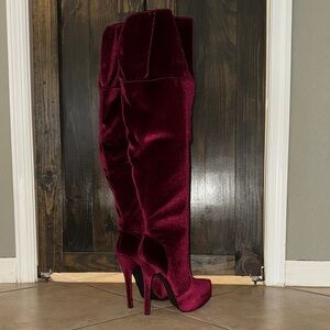 NIB-JustFab Velvet Burgundy Heeled Over-the-Knee Boots Size 9